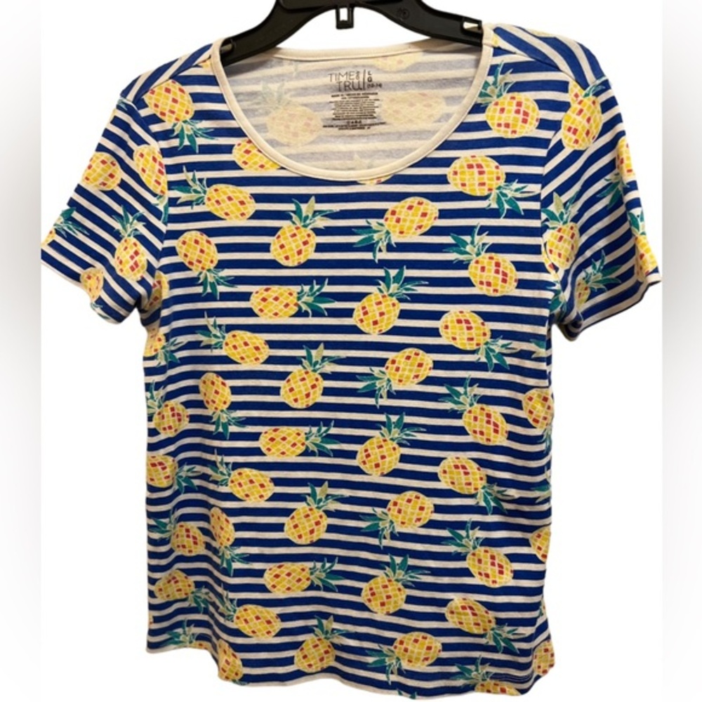 Time and Tru Scoop Neck Pineapple Cotton Striped Multicolored Top Size L NWOT